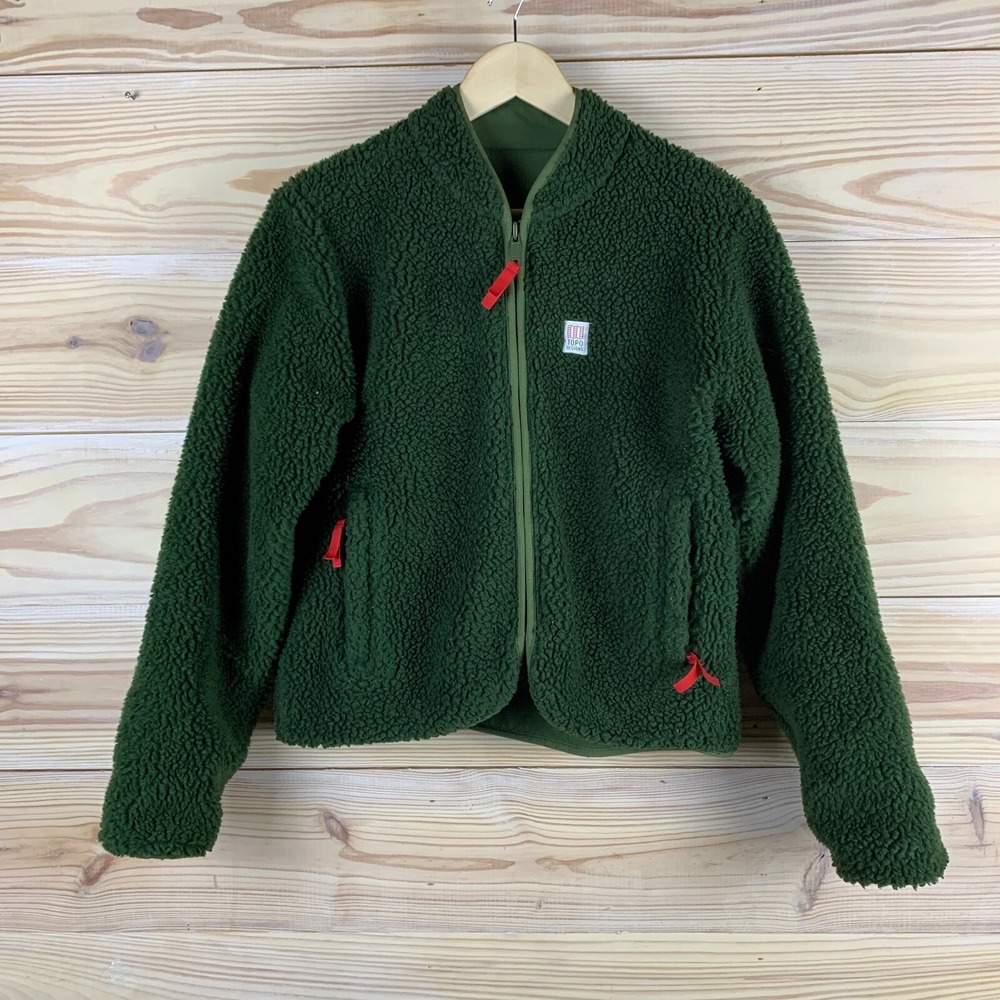 Topo Designs Dark Green Sherpa Fleece Jacket with Red Accents